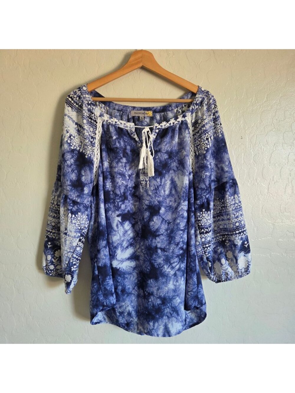 Figueroa & Flower Tie Dye Floral Bohemian Peasant Top Blouse Blue Size Womens XL